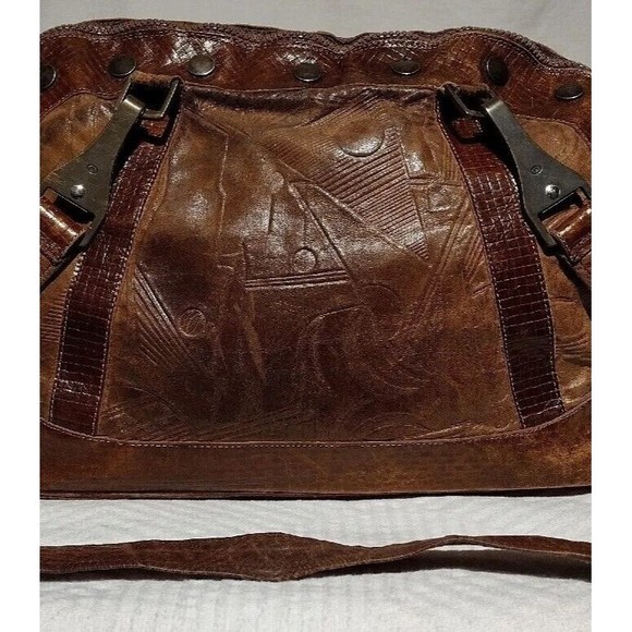 Vintage Lisandro Sarasota Large 2-Tone Brown Leather Engraved Double Handle Bag - Picture 4 of 16